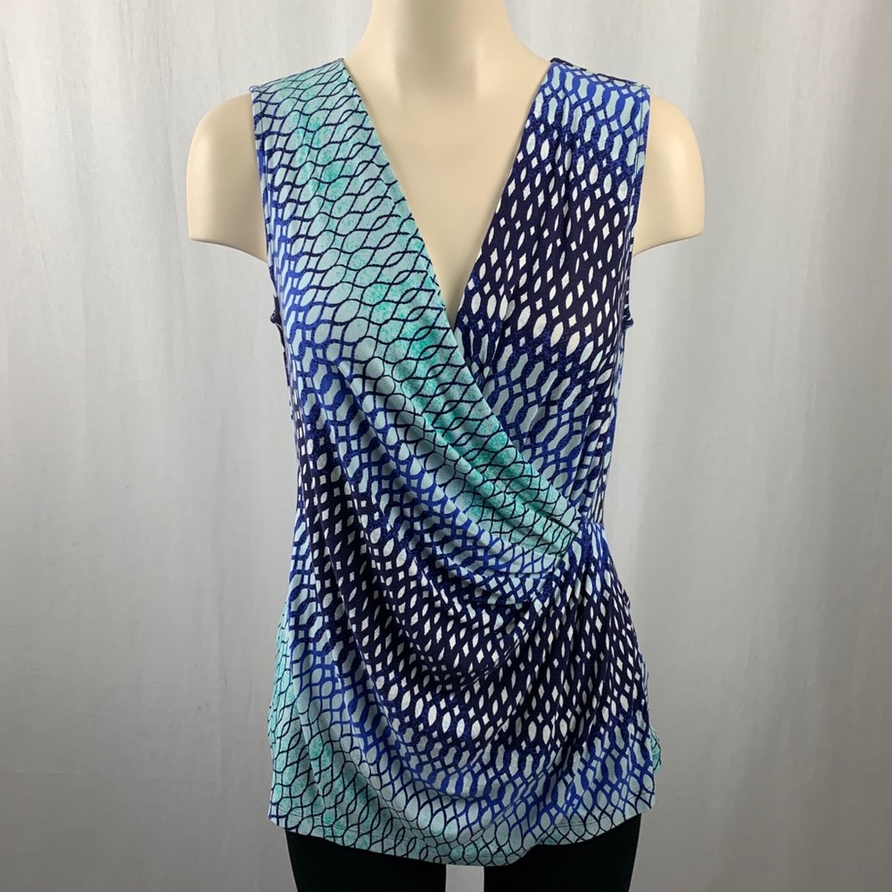 NIC+ZOE Blue Teal Printed Sleeveless Surplice Top